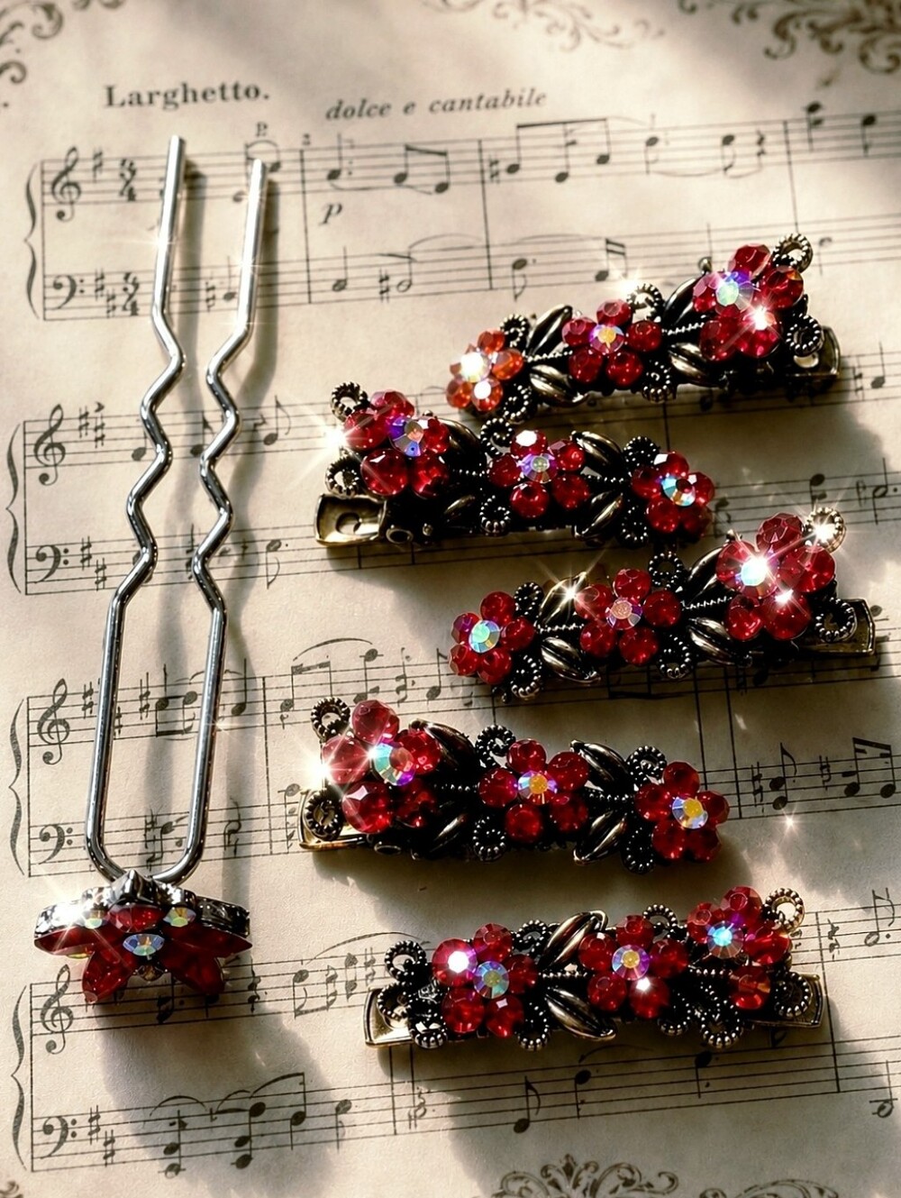 5 Pieces Red Siam Crimson Ruby Color Clear AB Crystal Hair Jewelry Clips Stick